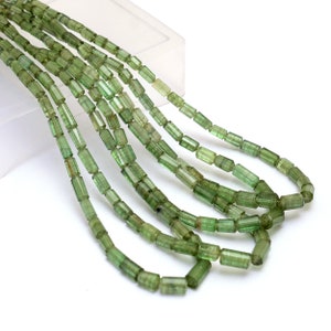 Tourmaline verte naturelle 3 x 5 mm-5 x 10 mm perles briolettes facettées | Pipe cylindrique en vrac fantaisie AAA + tourmaline vert clair, pierres précieuses précieuses