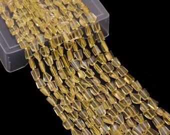 AAA+ Lemon Quartz 7mm-9mm Faceted Nuggets | Natural Lemon Semi Precious Gemstone Step Cut Tumbled Loose Beads for Jewelry | 14inch Strand