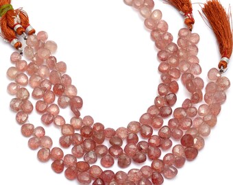 AAA+ Red Strawberry Quartz Gemstone 7mm-8mm Faceted Heart Briolette Beads | 8inch Strand | Natural Pink Quartz Semi Precious Gemstone Beads