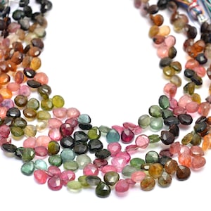AAA+ Multi Tourmaline Gemstone 6mm Faceted Heart Briolette Beads | Natural Tourmaline Semi Precious Gemstone Loose Beads | 8inch Strand