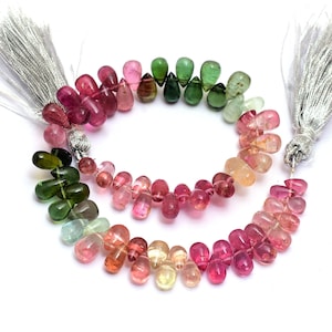 OLD MINE AAA+ Multi Tourmaline 6mm-9mm Smooth Teardrop Briolette | Natural Candy Tourmaline Precious Gemstone Loose Drops Beads for Jewels