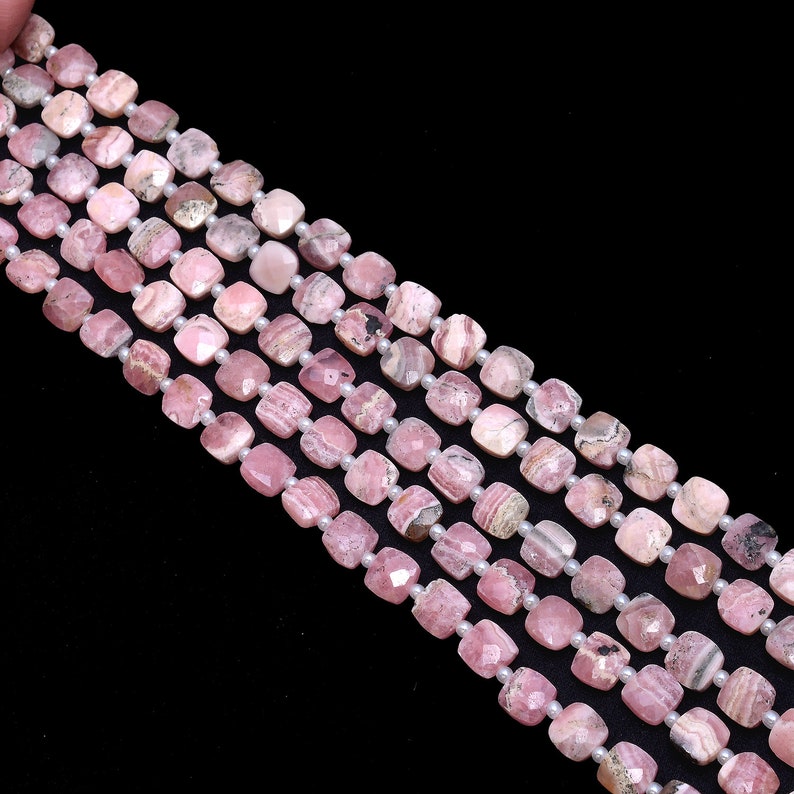 Natural Rhodocrosite Semi Precious Gemstone Straight Drill Fancy Beads 7 Strand AAA Rhodochrosite 6mm Faceted Square Briolette Beads