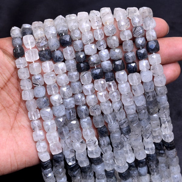 Black Rutilated Quartz 7mm-8mm 3D Box Faceted Beads | 11inch Strand | Natural Black Rutile Semi Precious Gemstone Cube Briolette Fancy Beads