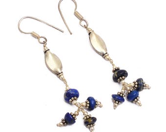 Pendientes largos colgantes de lapislázuli / Pendientes de plata de ley con lapislázuli natural y cristal / Pendientes de lapislázuli y cristal - Plata 925