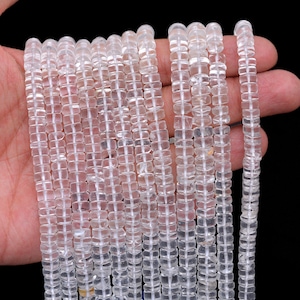 Crystal Quartz Heishi Beads | Gemstone 6mm-7mm Smooth Tyre / Disc Rondelle | Natural Clear Crystal Quartz Gemstone Coin Beads | 13&quot; Strand