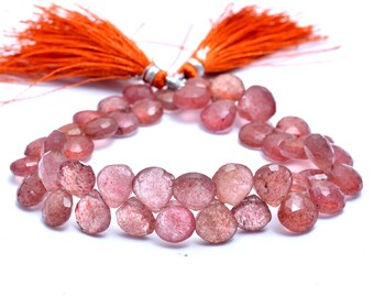 AAA+ Natural Strawberry Quartz Gemstone 8mm-9mm Faceted Heart Briolette Beads | 8" Strand | Strawberry Quartz Semi Precious Gemstone Beads