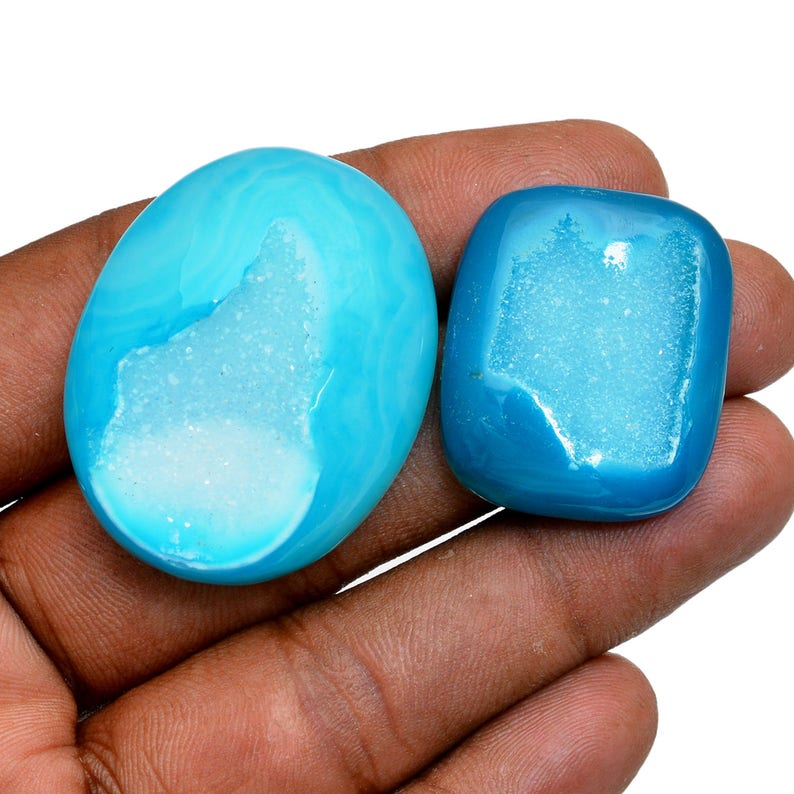 Druzy Gemstone Cabochon Sky Blue Druzy Cabochon 144Carats For the Pair Big Druzy Cabochon Druzy Semi Precious Gemstone Cabochon Pair