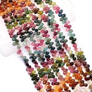 AAA+ Multi Tourmaline Gemstone 6x4mm Teardrop Briolette Beads | Natural Tourmaline Semi Precious Gemstone Faceted Loose Drops | 8inch Strand