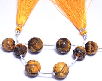 Perline rotonde intagliate in pietra preziosa occhio di tigre giallo naturale, 12-14 mm / Filo di 4 perline / Perline rotonde intagliate in pietra preziosa occhio di tigre