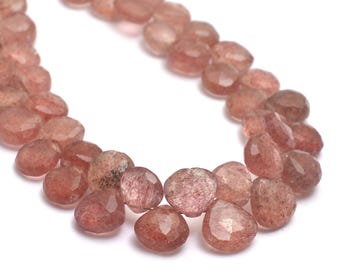 AAA+ Red Strawberry Quartz Gemstone 8mm-10mm Faceted Heart Briolette Beads | 8inch Strand | Natural Pink Quartz Semi Precious Gemstone Beads