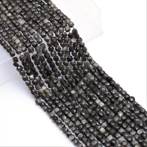 AAA+ 天然シルバー キャッツアイ 4 mm キューブ ファセット ビーズ 