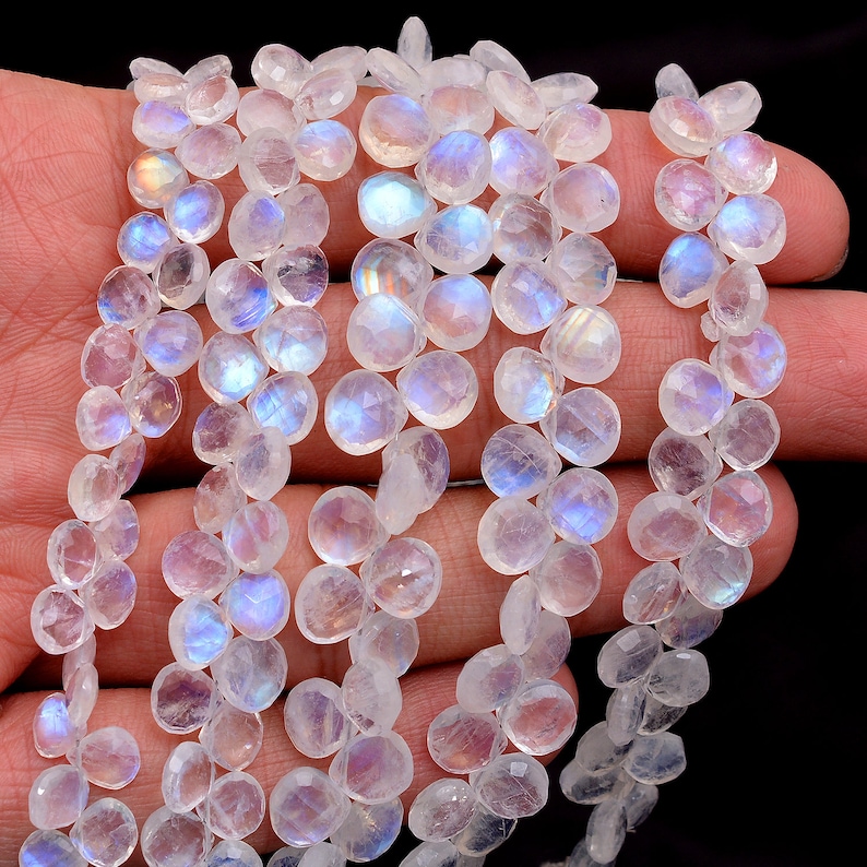 8 Strand Natural Blue Fire Moonstone Semi Precious Gemstone Loose Briolette Beads AAA White Rainbow Moonstone 7mm-8mm Heart Briolette