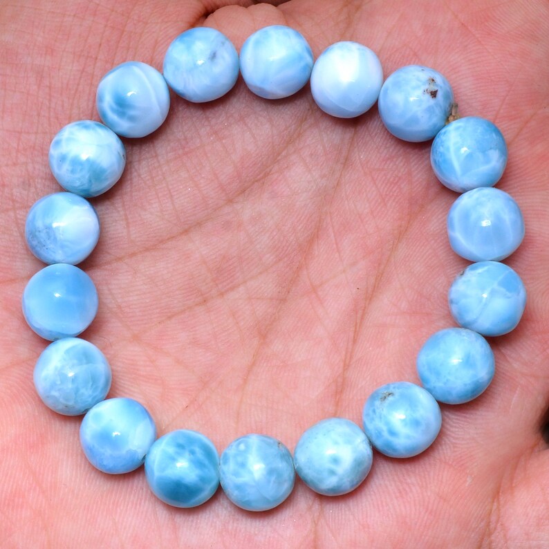 Larimar Gemstone Jewelry 141Carats AAA+ Larimar Gemstone 10mm Smooth Round Bracelet Natural High Quality Larimar Bracelet 7inch Long