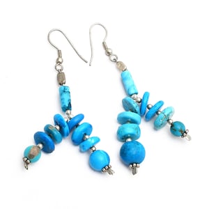 Long Turquoise Dangle Earrings, Gemstone Jewelry | Natural Turquoise Sterling Silver Big Earrings | Turquoise Earrings - Sterling 925 Silver