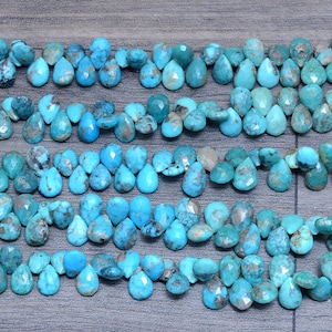 Natural Turquoise Gemstone 6x9mm-7x10mm Pear Briolette Faceted Beads | 8inch Strand | Arizona Turquoise Semi Precious Gemstone Briolette