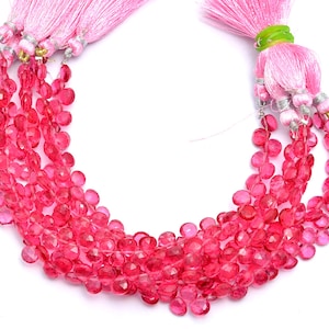Pink Tourmaline Quartz 5mm-6mm Heart Briolette Beads | Pink Tourmaline Color Quartz Semiprecious Gemstone Loose Faceted Beads | 7inch Strand