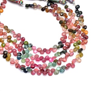 AAA+ Multi Tourmaline Gemstone 5mm-6mm Faceted Heart Briolette Beads | Tourmaline Semi Precious Gemstone Loose Beads for Jewelry | 8&quot; Strand
