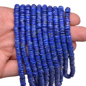 Contas lisas de lápis-lazúli natural Heishi de 7 mm a 8 mm | Fio de 16 polegadas | Contas soltas de pneu/moeda de pedra preciosa de lápis-lazúli AAA+ Rondelle para joias