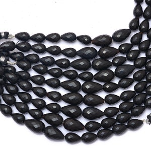 AAA+ Black Onyx Gemstone 12mm-16mm Teardrop Faceted Briolettes | Natural Black Onyx Straight Drill Semi Precious Gemstone Drops | 6&quot; Strand
