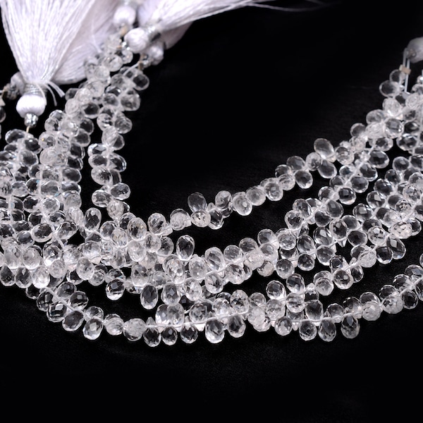 AAA+ Crystal Quartz Faceted Teardrop Beads | 6" Strand 3x5mm Drops | Natural Clear Crystal Semi Precious Gemstone Teardrop Briolette Beads