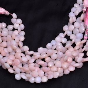 AAA Pink Opal 7mm-10mm Heart Briolette Faceted Beads | 8&quot; Strand | Peruvian Pink Opal Natural Semi Precious Gemstone Briolettes for Jewelry
