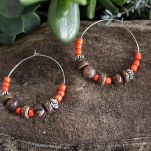 Gemstone and wood hoop earrings, hypoallergenic, boho style women's earrings, boho jewellery, coconut shell jewellery, gift idea