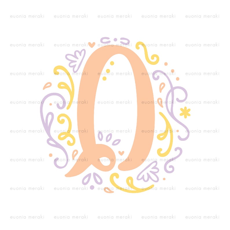 Lovely PNG SVG floral Monogram Q initial letter cutting files cricut Eps Png Dxf decorative flowers typography
