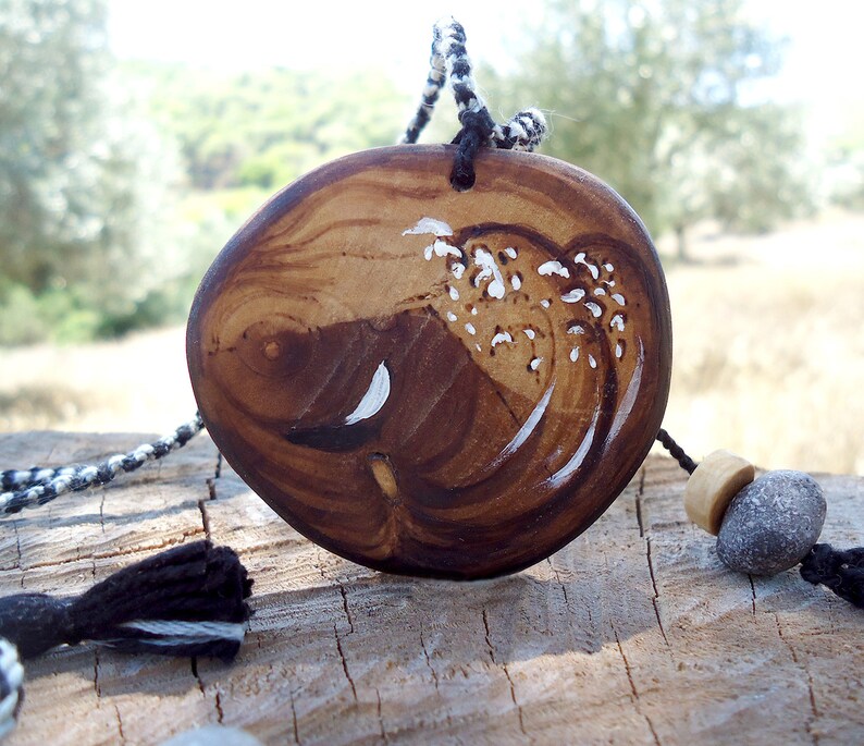 Pyrography necklace Round pendant Macrame cord Olive wood pendant Winter hippie jewelry Long wooden pendant Handmade jewelry