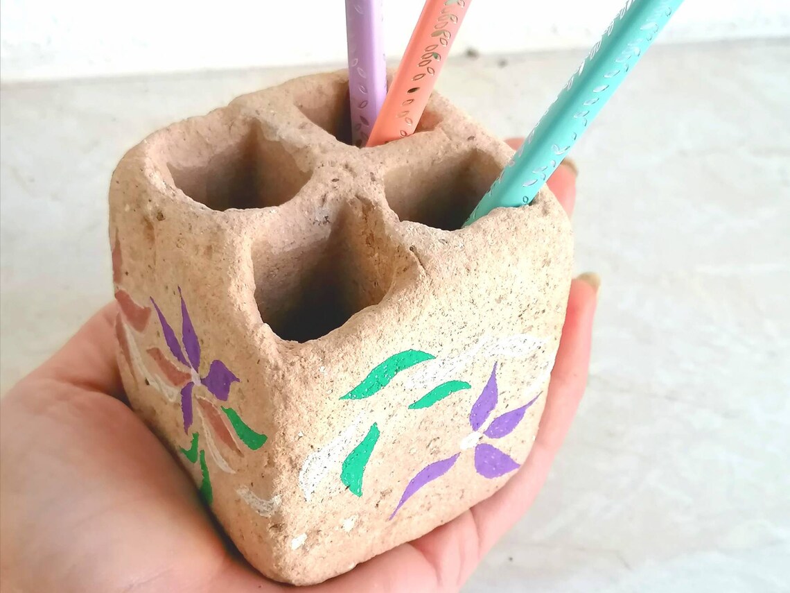 Ceramic Pencil Holder Hand Painted Beach Brick Pen Holder Etsy