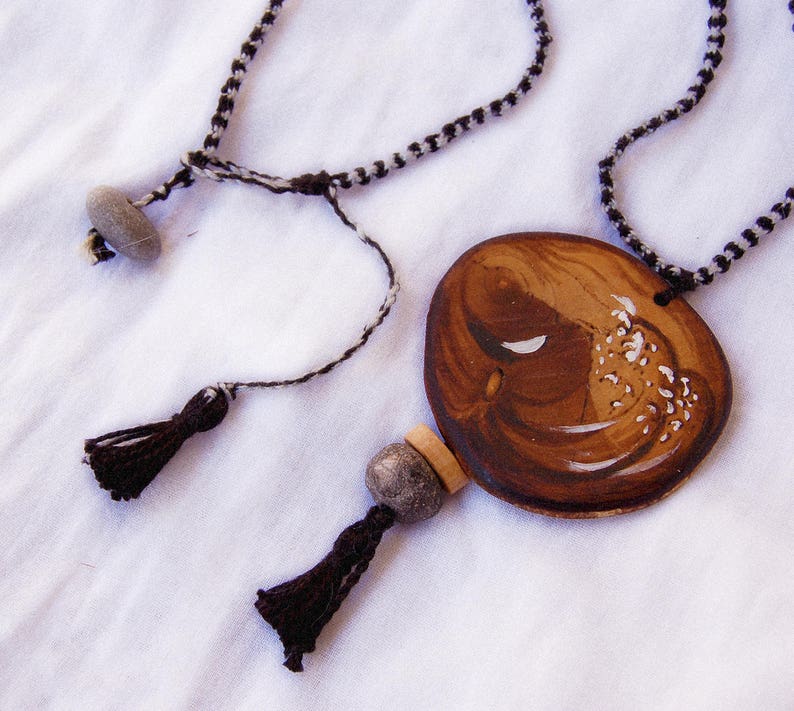 Pyrography necklace Round pendant Macrame cord Olive wood pendant Winter hippie jewelry Long wooden pendant Handmade jewelry
