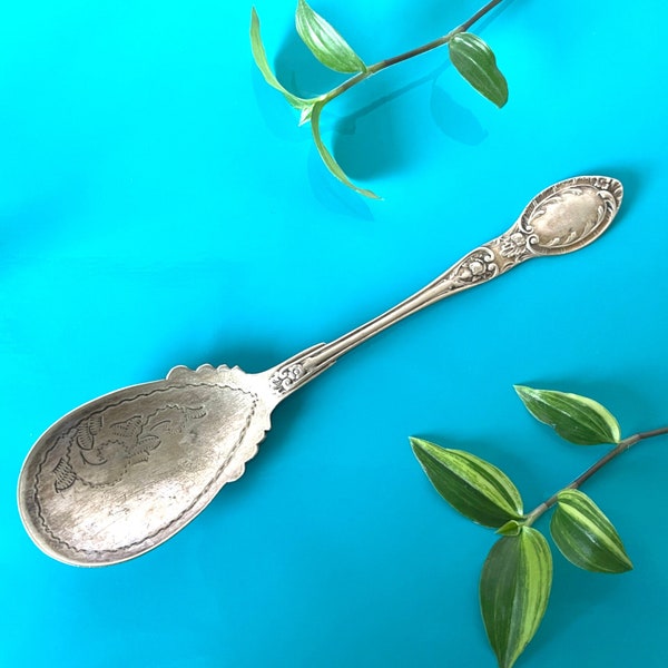 antique ornate silver plated preserve spoon, vintage engraved silver plate jam serving spoon, floral handle silverware decorative flatware