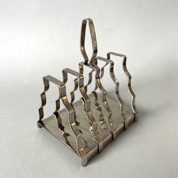 vintage Olde Hall/Old Hall Bodiam toast rack, mid century 60s hammered steel 4 slice toast rack & crumb tray, retro metal table decor