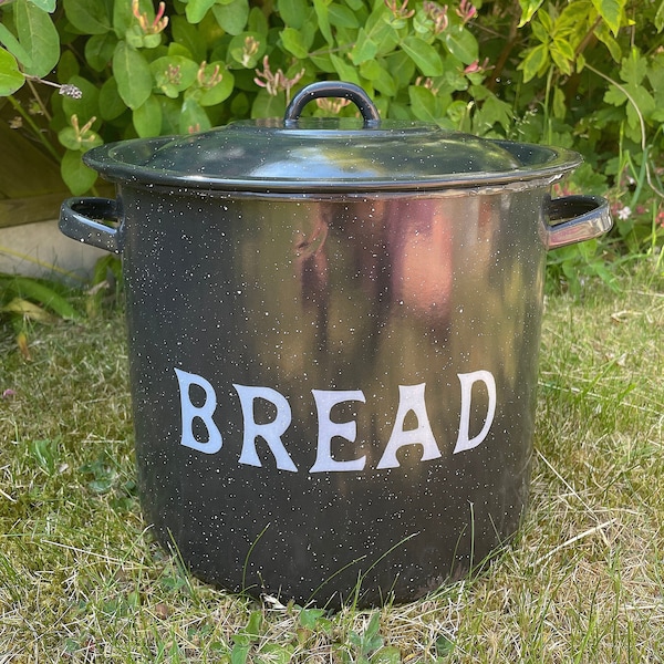 scarce vintage Argyle enamel bread bin, black & white speckle retro enamel round bread bin kitchen storage canister, retro kitchenalia decor