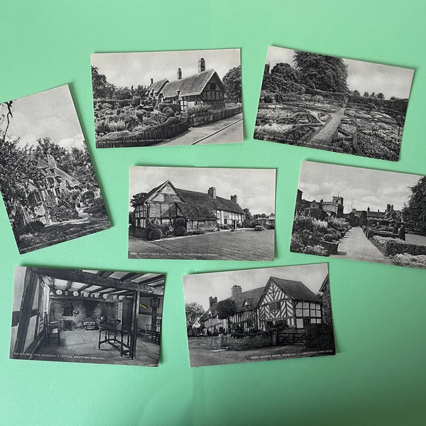 vintage Stratford-upon-Avon postcards, set of 7 black & white collectable Shakespeare Country photographs, blank unused print gift/craft