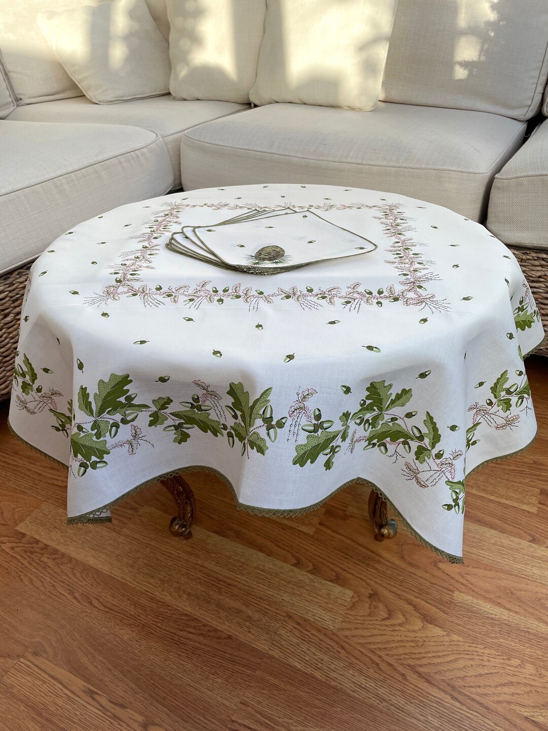Vintage Table Linen Set Acorn and Pinecone Tablecloth & 6 Etsy