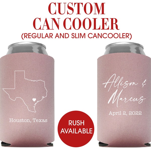 Wedding Favors, Wedding Favor, Personalized Can Cooler, Rustic Wedding, Texas Wedding, Beer Cooler, Dusty Rose, Any State, Bulk Favors