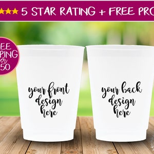 May include: Two white plastic cups with black text. The text on the left cup says "your front design here". The text on the right cup says "your back design here".