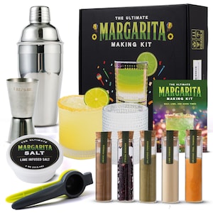 May include: A complete margarita making kit with a cocktail shaker, measuring jigger, margarita salt, lime squeezer, and various powders. The kit includes a box with the text "THE ULTIMATE MARGARITA MAKING KIT".