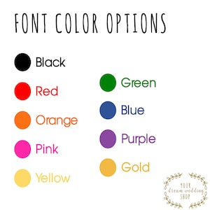 May include: A chart showing font color options for a wedding invitation. The colors are black, red, orange, pink, yellow, green, blue, purple, and gold.
