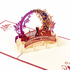 3D hecho a mano regalo celebración amor Valentines pareja romántica besando noche Moon Bridge Pop Up Tarjeta