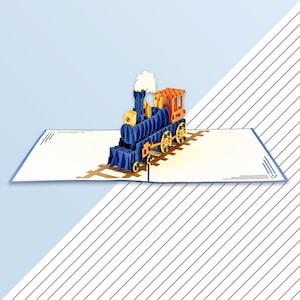 Hecho a mano hecho a mano iconos de regalo clásico tren de vapor (azul) Tarjeta emergente