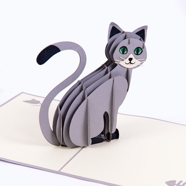 Handmade Gift Celebration Handcrafted Cat Pop Up Card (Grey)