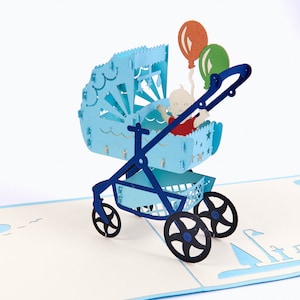 Carruaje chica chica hecha a mano 3d regalo bebé pram tarjeta emergente (azul)