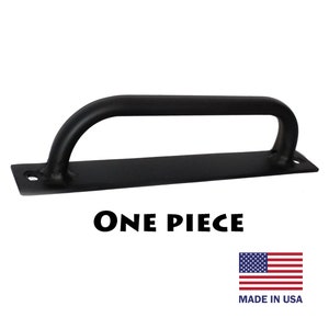 May include: Black metal door handle with a rounded top and a rectangular base. The handle is made in the USA and is one piece.