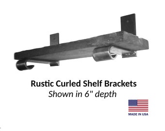 Rustic curved steel shelf bracket. Extremely heavy duty. Hand bent, hand welded.