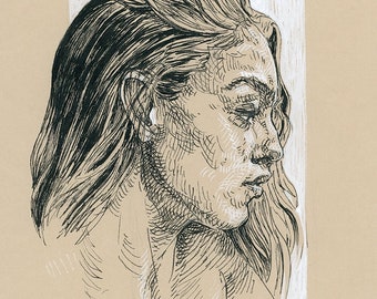 Beautiful woman portrait sketch original, Crosshatching art, OOAK artwork,  Hand made drawing A5 size