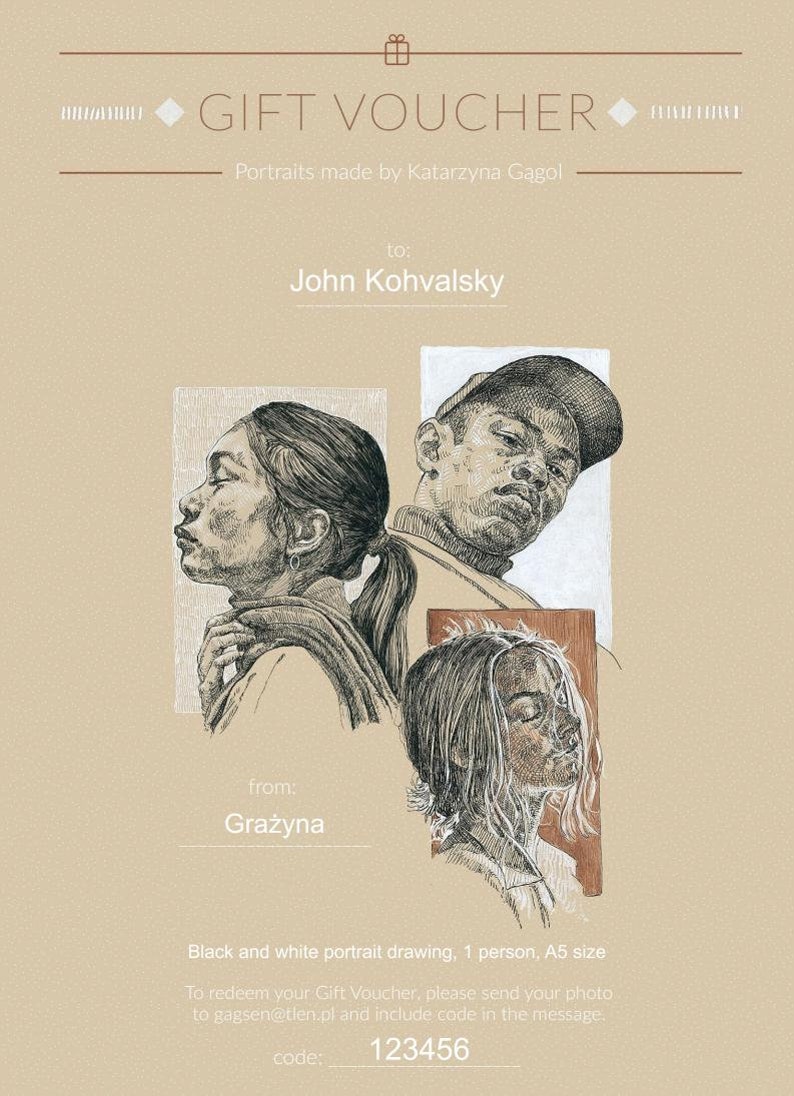 Custom Portrait Drawing Voucher. Commissioned Art Portrait Etsy