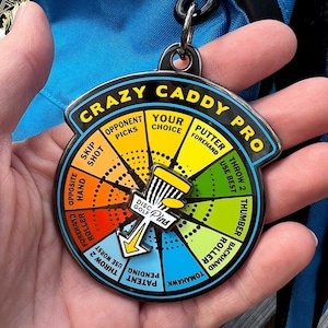 以下が含まれることがあります： 回転するホイールが、スキップショット、ローラー、トマホーク、パターフォアハンド、スロー2サムバーなど、さまざまなディスクゴルフスローを特徴とする、金属製のディスクゴルフキャディプロ。ホイールは、白で「Crazy Caddy Pro」というテキストが書かれた黒いリングで囲まれています。