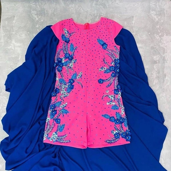Hot pink royal blue pageant fun fashion outfit with cape and romper/ Girls teens pageant outfit/ Runway jumpsuit/  Custom pageant dresses