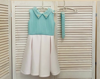 White and mint  girl neoprene scuba dress with beaded collar and belt/ Interview pageant dress/Girls pageant wear/ Custom pageant outfit